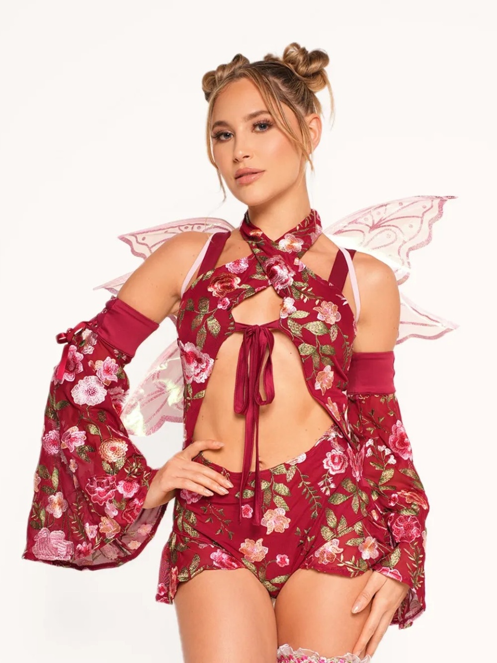 iheartraves womens Forest Nymph Stretch Halter Lace Bodysuit Set- burgandy